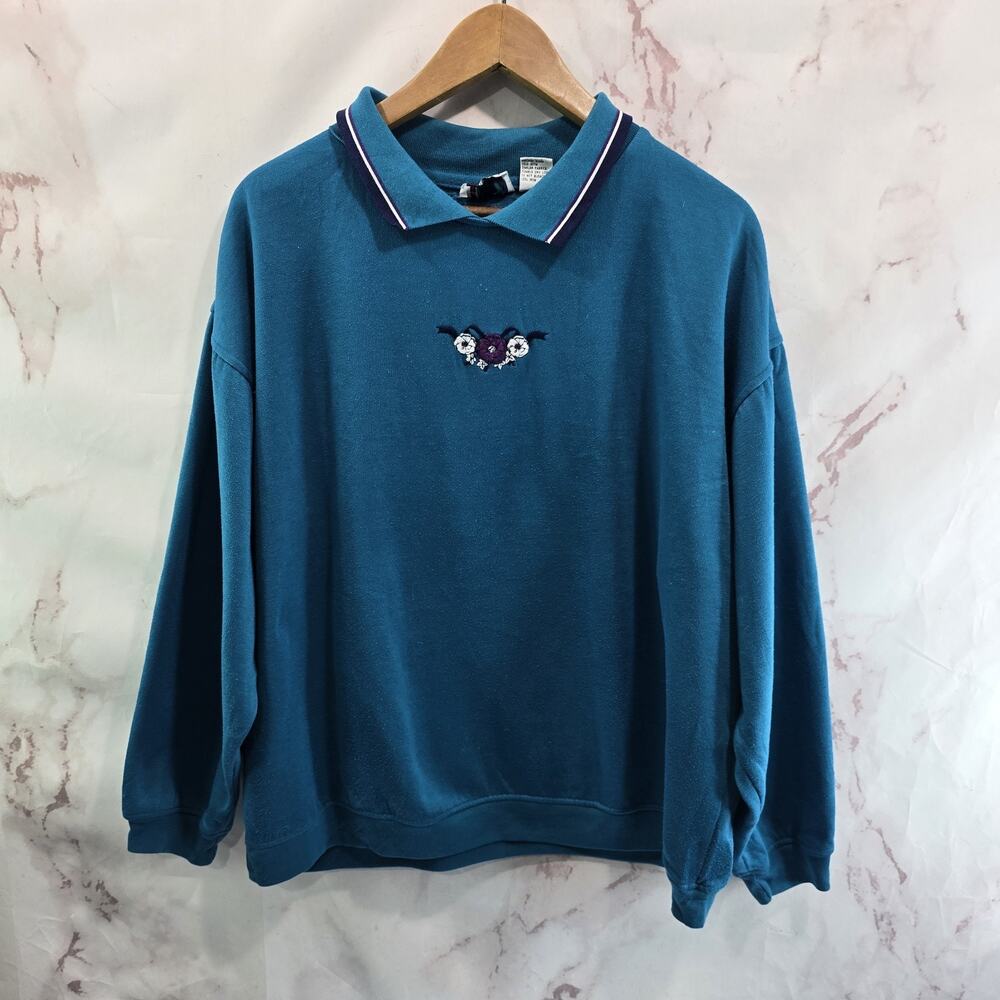 Vintage Sweatshirt Womens XL 2XL Blue Purple Flower Granny 90s Pullover Collar